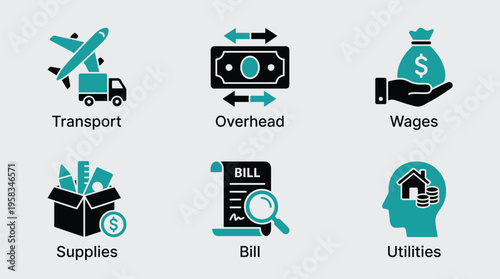 Business expense categories vector graphic illustration with transport, overhead, wages, supplies, bill, and utilities icons