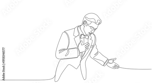 Elegant Man in Tuxedo Offering Hand, Single Line Art Style