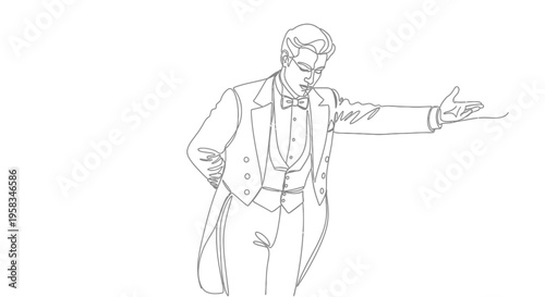 Conductor Leading Orchestra in Formal Wear, Line Art Style