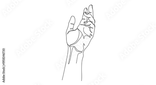 Minimalist Line Art Drawing of a Reaching Hand, Open Palm, White Background