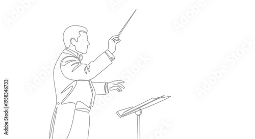 Orchestra Conductor Leading with Baton, Single Line Art