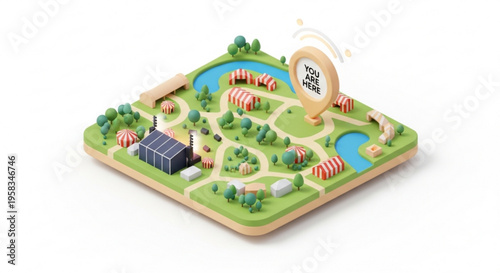 Isometric 3d illustration of a vibrant festival or fairground with colorful tents green grass blue rivers and a large sign that says 'you are here' on a white background