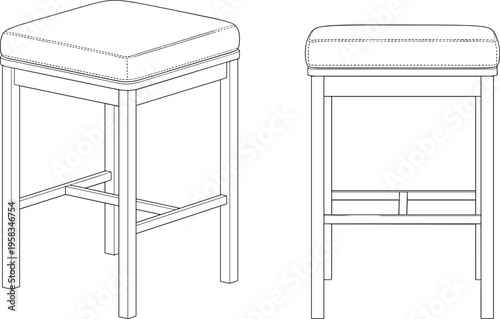 Minimalist line art illustration of a modern square bar stool with upholstered cushion seat and wooden frame for interior furniture design