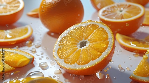 fresh orange slices with juicy pulp texture and water droplets