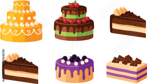 Colorful layered cakes and dessert slices collection with chocolate cream fruit toppings vector illustration set isolated