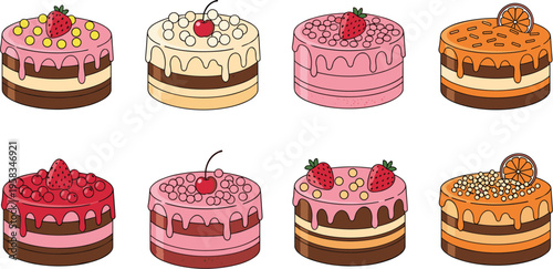 Colorful layered cakes collection with strawberry cherry and orange toppings sweet dessert bakery vector illustration set