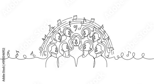 Abstract Choir Singing with Musical Notes and Sound Waves