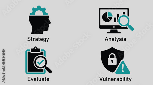 Cybersecurity process vector illustration with strategy, analysis, evaluation, and vulnerability assessment icons