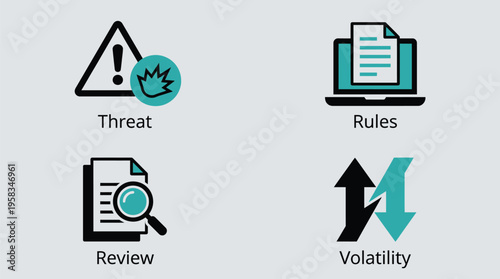 Vector graphic illustration of business risk management concepts with threat, rules, review, and volatility symbols