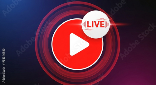 Live video streaming play button icon with red and white design on dark background