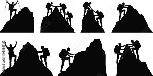 Black and white mountain climbing silhouette illustration, teamwork adventure artwork, hiking achievement drawing, outdoor exploration concept, perseverance and success design