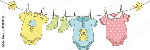 Cute baby clothes hanging on rope with bodysuits socks and accessories newborn laundry vector illustration set