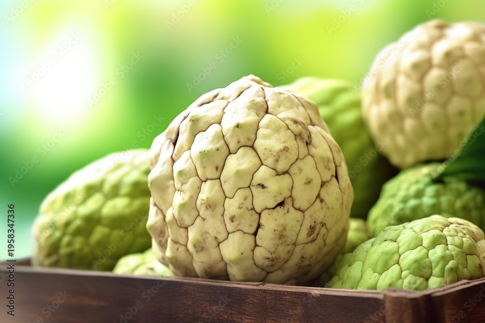 Obraz premium Fresh Custard Apples with Green Leaves – Tropical Fruit on Pastel Background