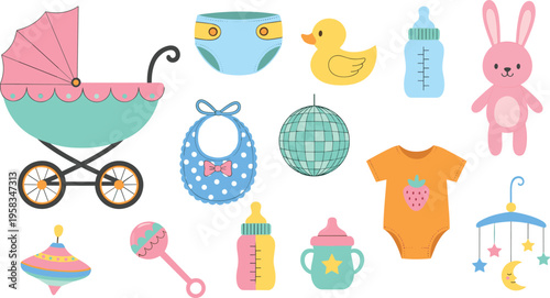 Cute baby items collection with stroller toys clothes bottle pacifier and accessories cartoon vector illustration set