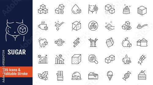 Sugar Icons set. Includes glucose, stevia, sweets, and more. Outline icon with Editable stroke. Vector illustration