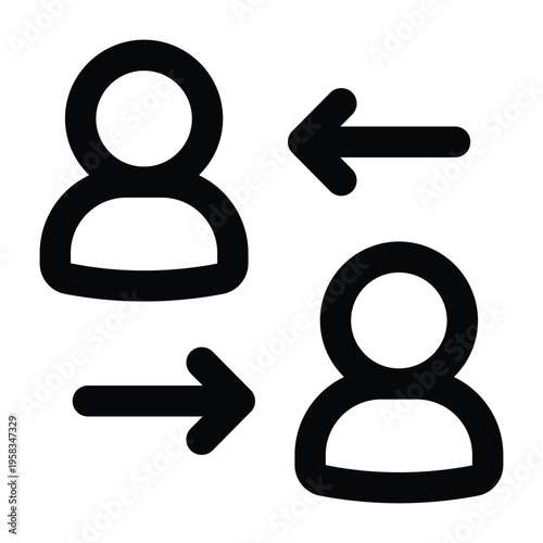 Minimal line illustration of two people exchanging arrows representing interpersonal communication and interaction. Suitable for teamwork and leadership visuals.