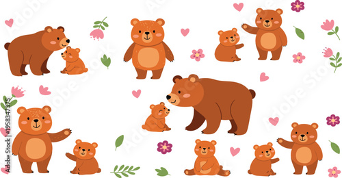 Cute bear family collection with mother and baby cubs cartoon animals love theme vector illustration set