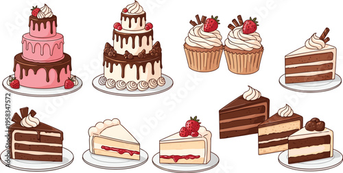 Delicious cakes and cupcakes collection with chocolate strawberry and cream layers bakery dessert vector illustration set