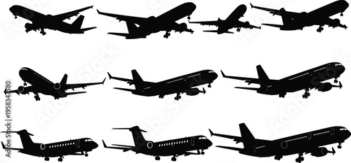 Black and white airplane silhouette illustration, aviation aircraft design artwork, commercial jet drawing, flight landing concept, aviation travel graphic design