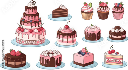 Delicious cakes and cupcakes collection with chocolate strawberry and cream toppings hand drawn dessert illustration set isolated