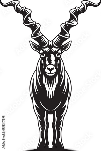 Majestic Markhor Goat Illustration with Spiral Horns Black and White Design