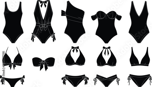 Black and white women’s swimwear fashion illustration, bikini and one-piece design artwork, stylish swimsuit collection drawing, summer beachwear fashion concept