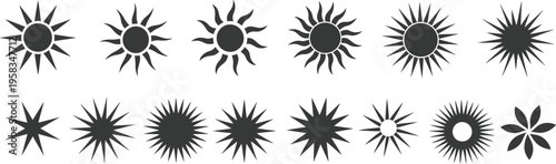Sun symbols various rays shapes starburst elements black minimal outline vector illustration isolated on white background