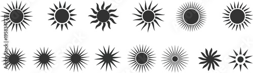 Sun symbols various rays shapes starburst elements black minimal outline vector illustration isolated on white background