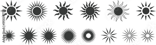 Sun symbols various rays shapes starburst elements black minimal outline vector illustration isolated on white background