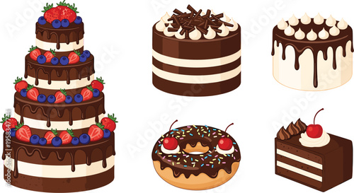 Delicious chocolate cakes and donut collection with berries cream and sprinkles sweet dessert vector illustration set