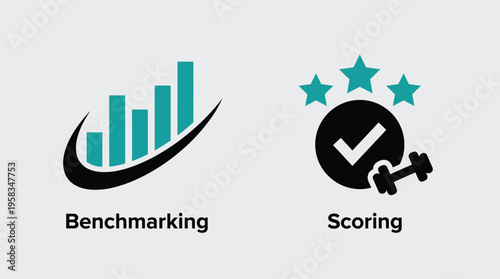 Vector graphic illustration of benchmarking and scoring concepts with bar chart and checkmark symbols