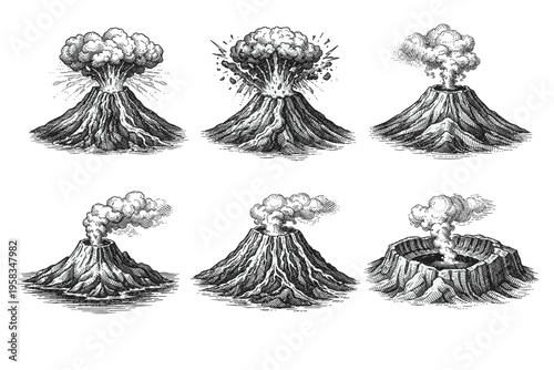 Vintage engraved volcano eruption collection in black and white natural disaster illustration style