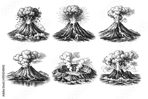Vintage engraved volcano eruption collection in black and white natural disaster illustration style