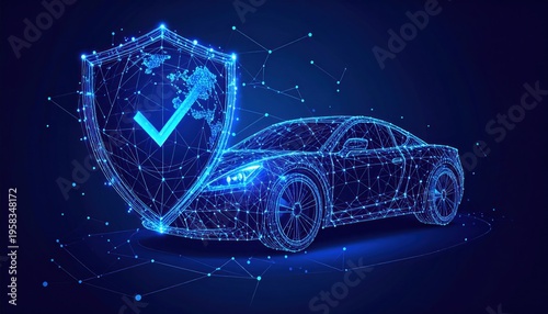 Futuristic car insurance concept with digital shield and vehicle.
