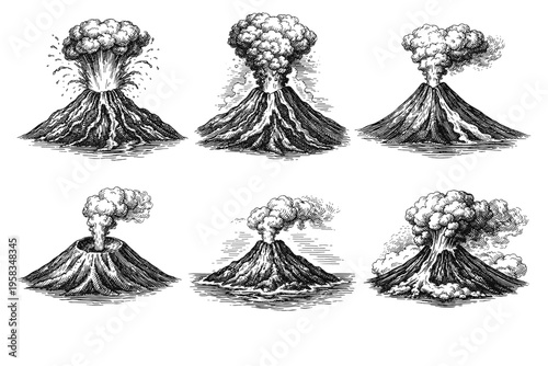 Vintage engraved volcano eruption collection in black and white natural disaster illustration style
