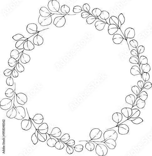 Minimal eucalyptus line art wreath botanical round frame