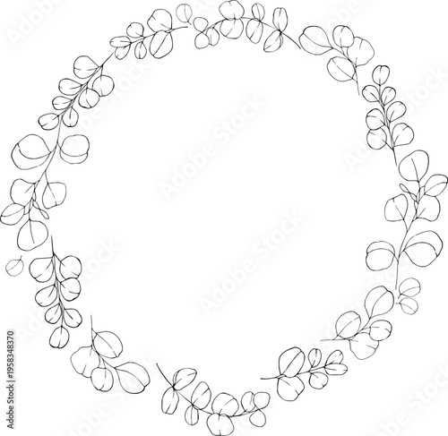 Elegant eucalyptus line art wreath botanical circular frame