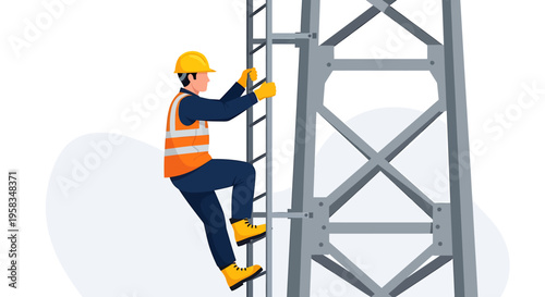 Construction worker climbing a tall metal tower wearing safety gear.