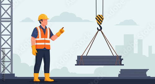 Construction worker directing crane lifting heavy steel beams at building site.