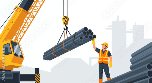 Construction worker directs crane lifting metal pipes at industrial site.