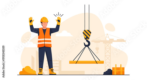 Construction worker in hard hat and safety vest signaling with hands up.