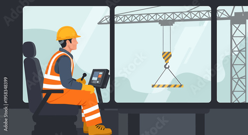 Construction worker operating a crane from a control room.