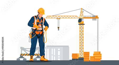Construction worker wearing safety harness and hard hat standing near crane.