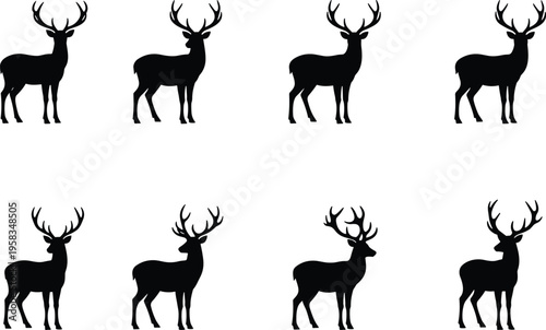 Set of eight black deer silhouettes with antlers in various standing poses, isolated on white background, wildlife nature design elements.