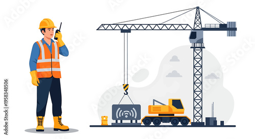 Construction worker with radio near crane and truck.