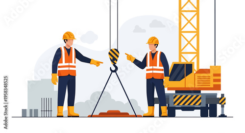 Construction workers collaborating on a building site with crane and machinery.