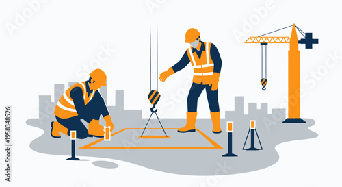 Construction workers collaborating on a building site with crane.