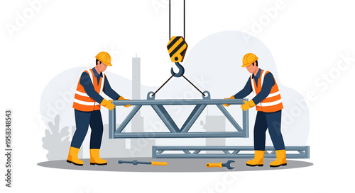 Construction workers guiding a steel beam into place with a crane.