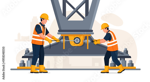 Construction workers installing heavy machinery part together.