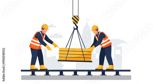 Construction workers guiding a load of lumber being lifted by a crane.